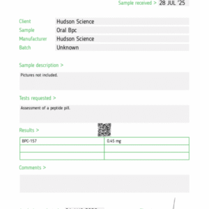 BPC-157 ARG – 500mcg x 50 Tablets (Certificate of Analysis, Second Image) – Hudson Science