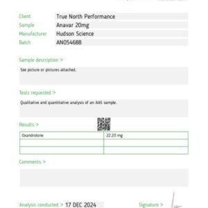 ANAVAR 20MG X 50 – Hudson Science (Certificate of Analysis, Second Image. UPDATED )
